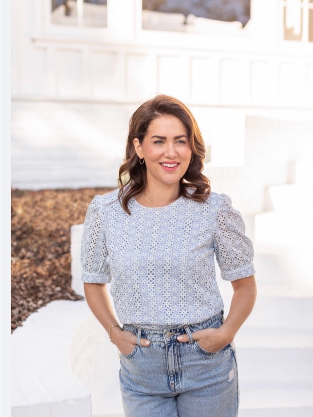 Joe Fresh x Jillian Harris Light Blue Eyelet Puff Sleeve Blouse